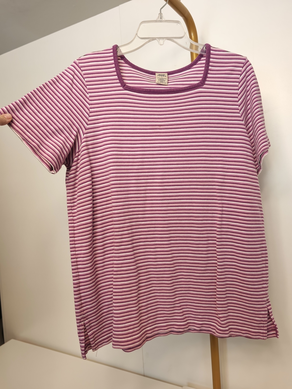 High Sierra Woman 1X Pink White Striped Short Sleeve Cotton Square Neckโ Tee